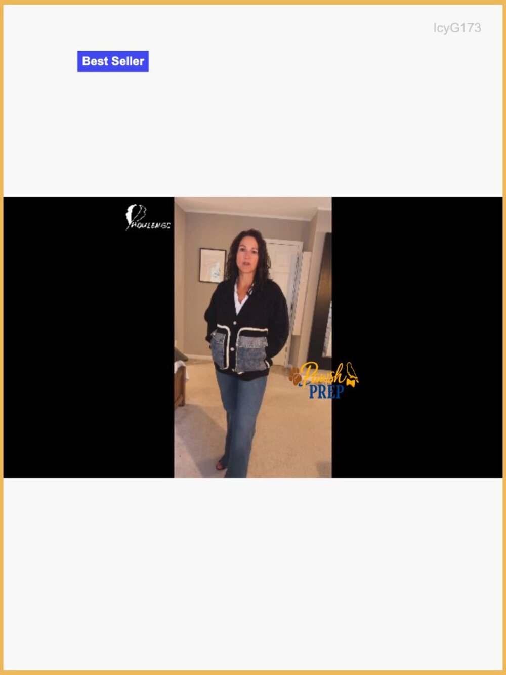 Open Front Patchwork Cardigan Sweater with Denim Pockets V Neck Button Down - Picture 7 of 7